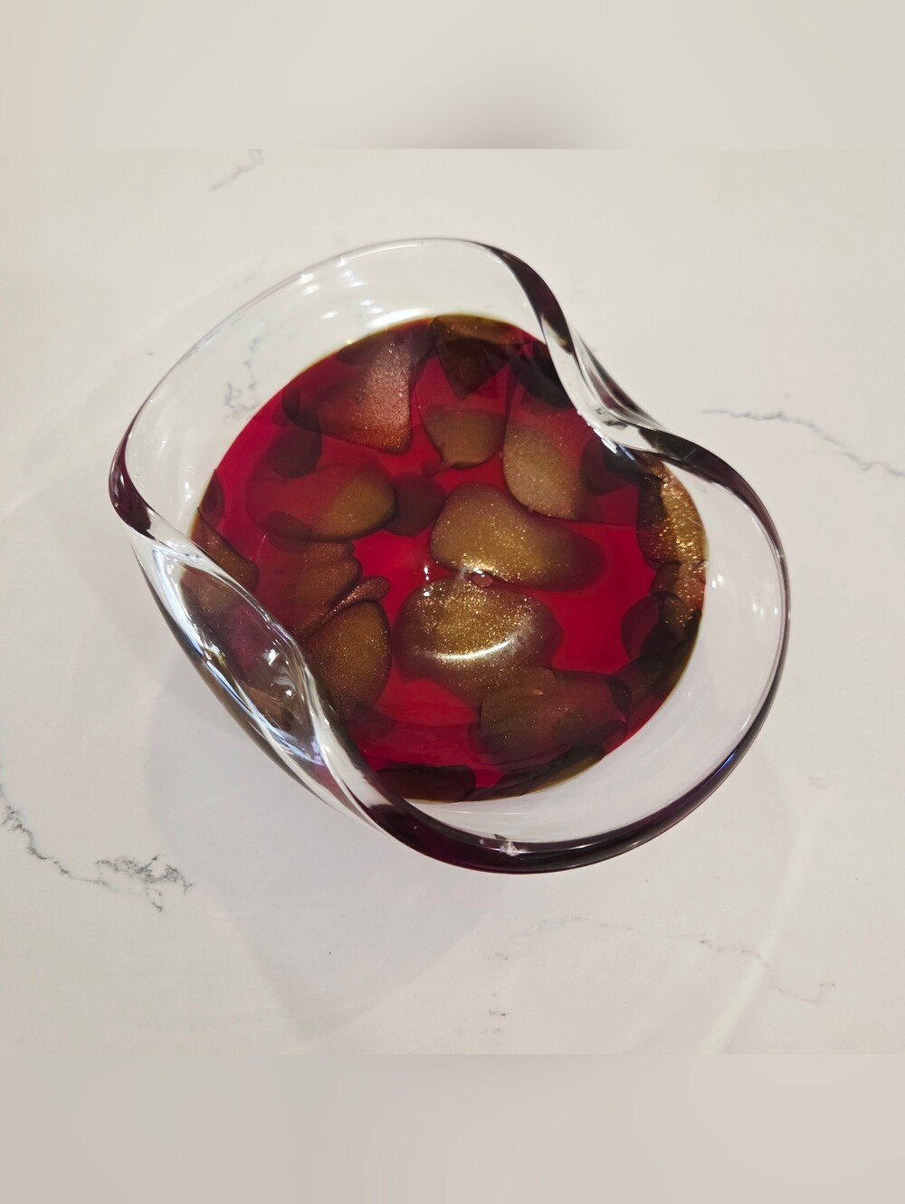 Vintage Mid Century Murano Red Gold Fleck Rolled Edge Glass Trinket Bowl